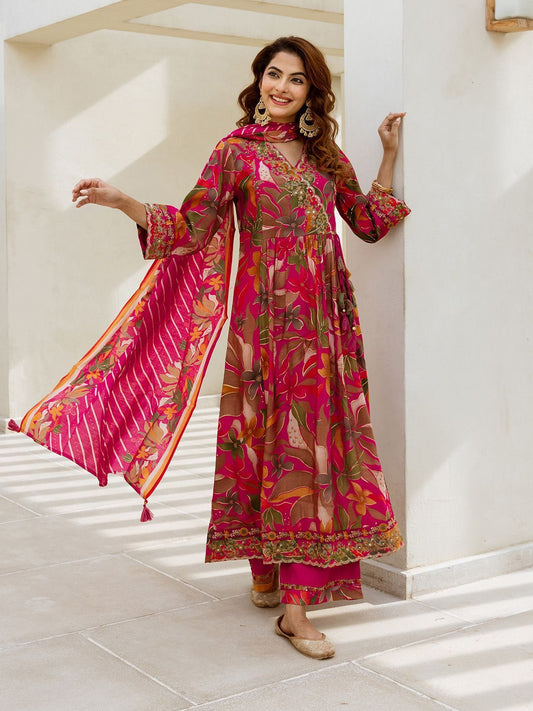 Dhiyona IS Women's Floral Printed Pure Cotton Thread work Anarkali Kurta With Palazzos And Dupatta