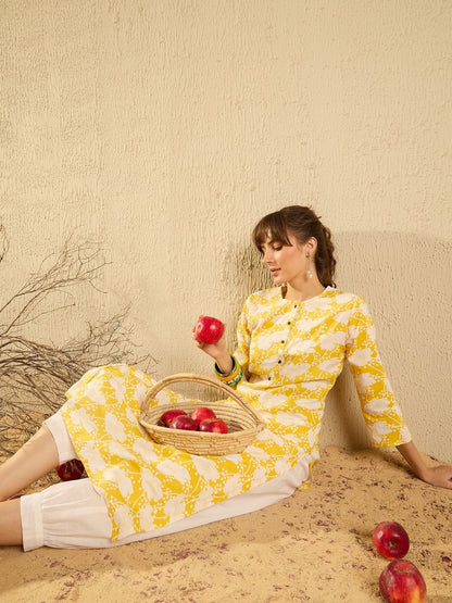 Dhiyona IE Floral Printed Round Neck Machine Weave Straight Kurta