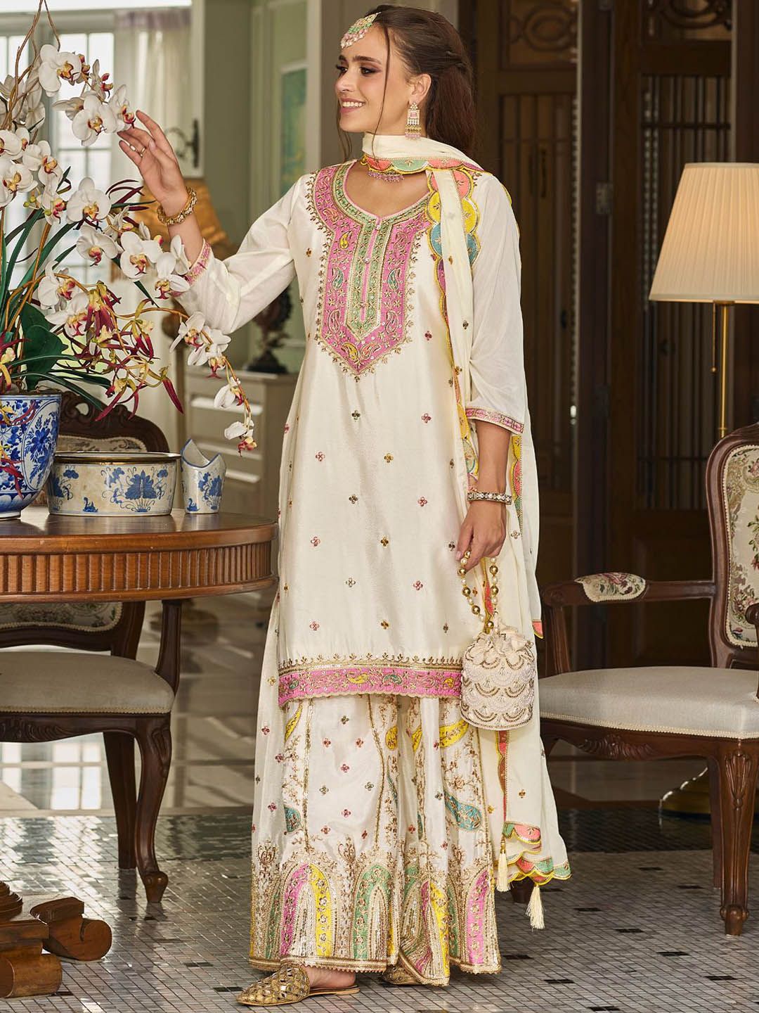 Paisley Embroidered Sequinned Straight Kurta With Sharara And Dupatta