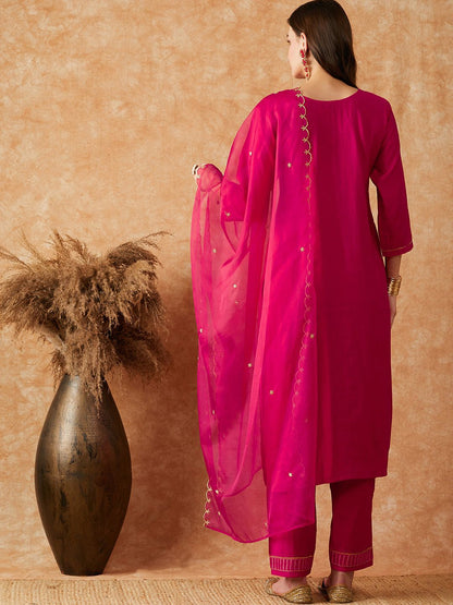 Dhiyona SN Women's Pink Floral Embroidered Sequinned Kurta With Trouser & Dupatta