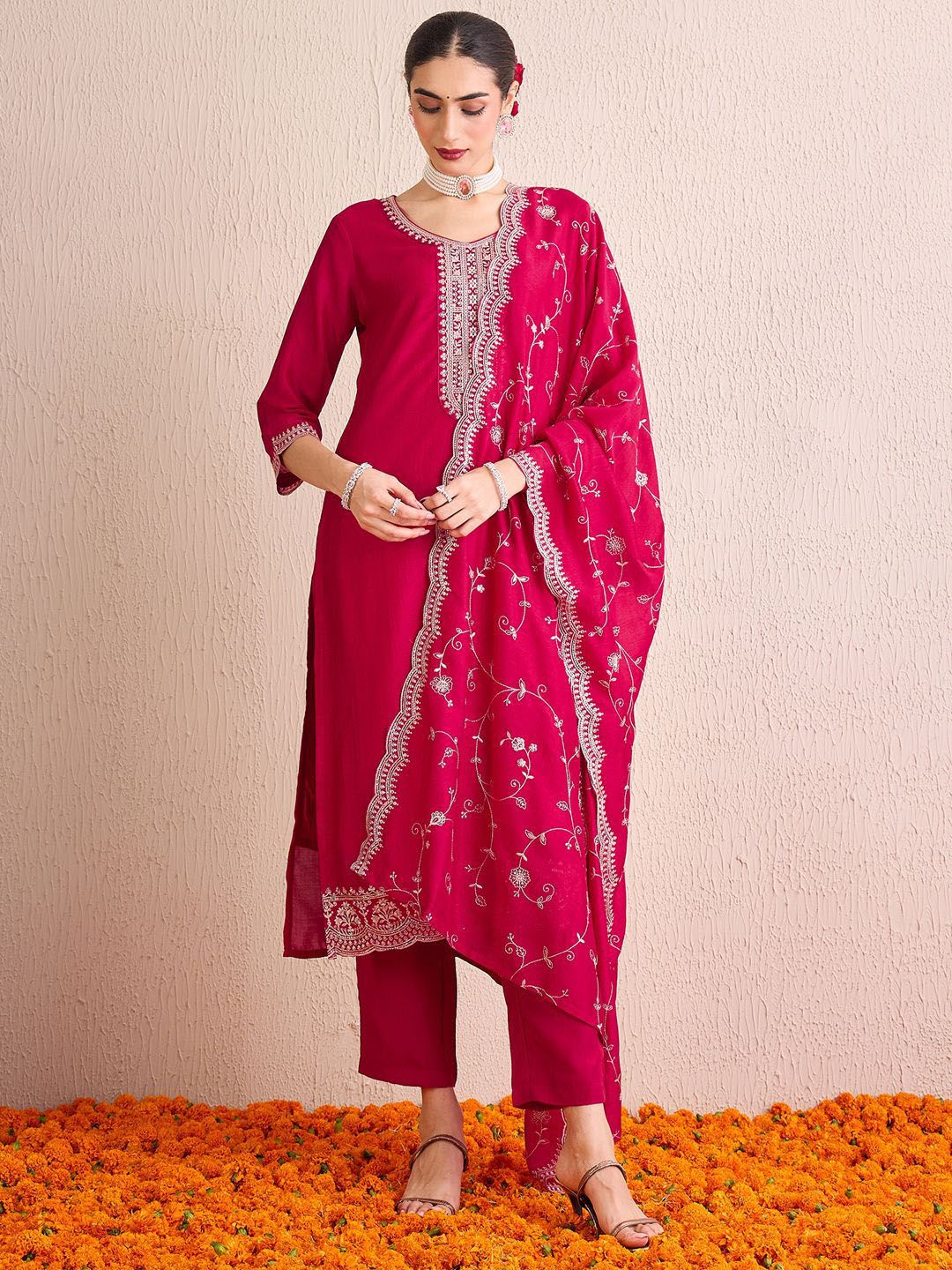 Women Ethnic Motifs Yoke Design Regular Sequinned Kurta with Trousers & With Dupatta