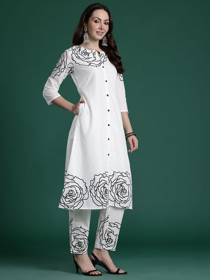 Floral Printed Mirror Work Pure Cotton Kurta with Trousers