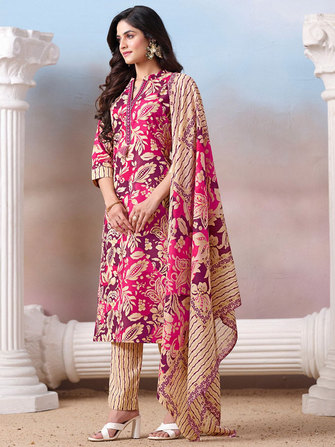 Dhiyona VA Women's Floral Printed Regular Mirror Work Kurta with Trousers & With Dupatta