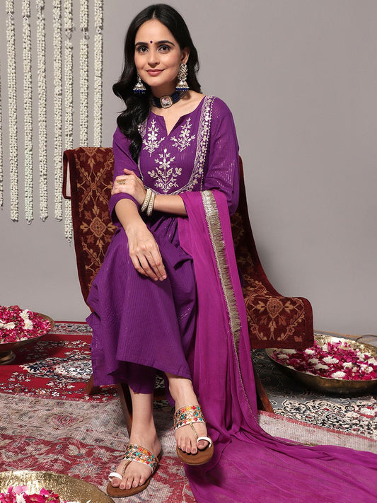 Dhiyona VA Women's Purple Ethnic Motifs Yoke Design Pure Cotton Kurta with Trousers & Dupatta