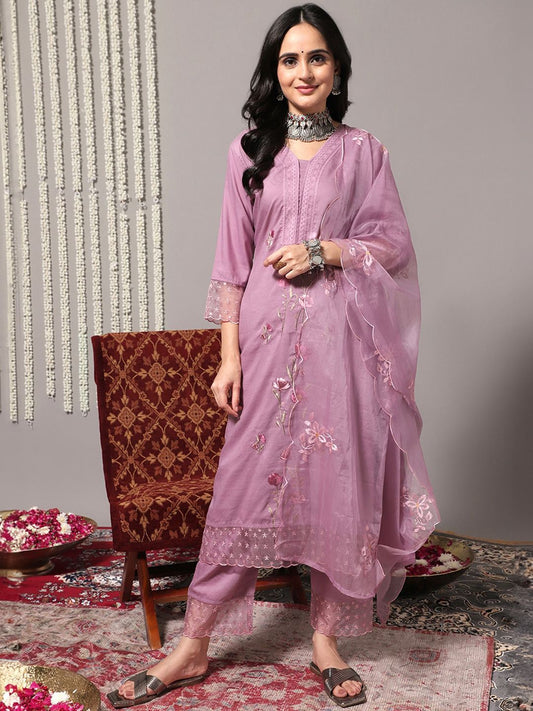 Dhiyona VA Women'sFloral Embroidered Thread Work Detail Straight Kurta & Trousers With Dupatta