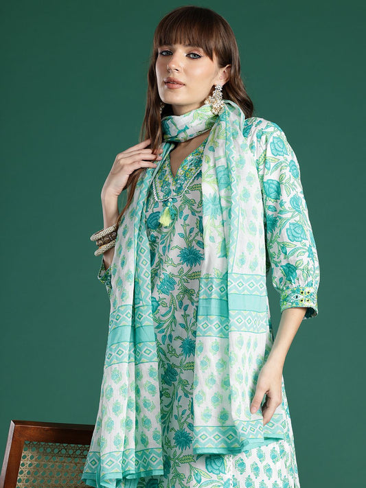 Women Floral Printed Mirror Work Pure Cotton Kurta with Trousers & Dupatta