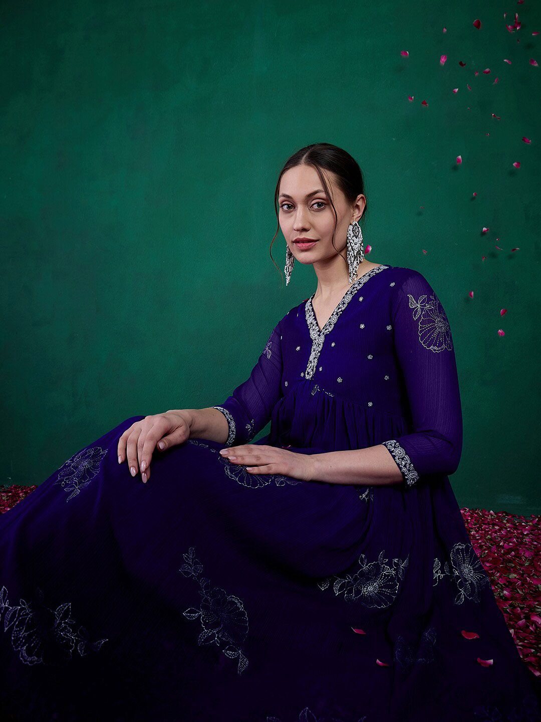 Dhiyona SN Women's Floral Printed Embroidered Anarkali Kurta With Trouser