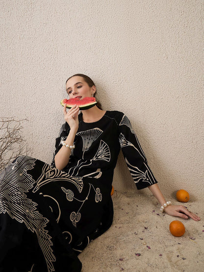 Dhiyona IE Ethnic Motifs Printed Round Neck Sequinned Straight Kurta With Palazzos
