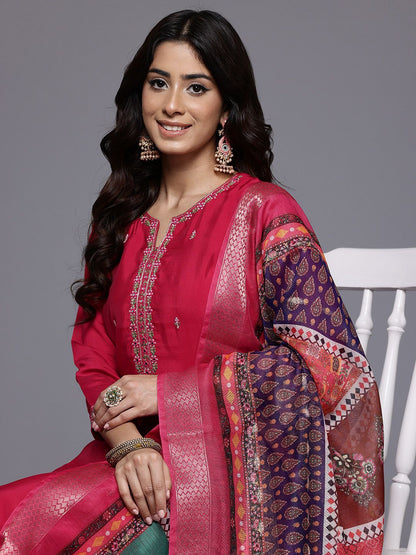 Dhiyona VA Women'sThread & Zari Embroidered Kurta with Trouser & Ethnic Printed Dupatta