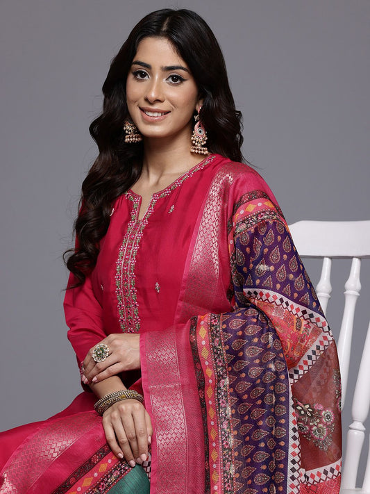 Dhiyona VA Women'sThread & Zari Embroidered Kurta with Trouser & Ethnic Printed Dupatta