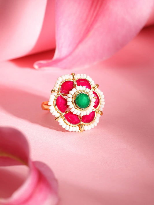 Dhiyona RJ Women's 18K Gold Plated Pink & Green Kundan Studded, Pearls Beaded Adjustable Finger Ring