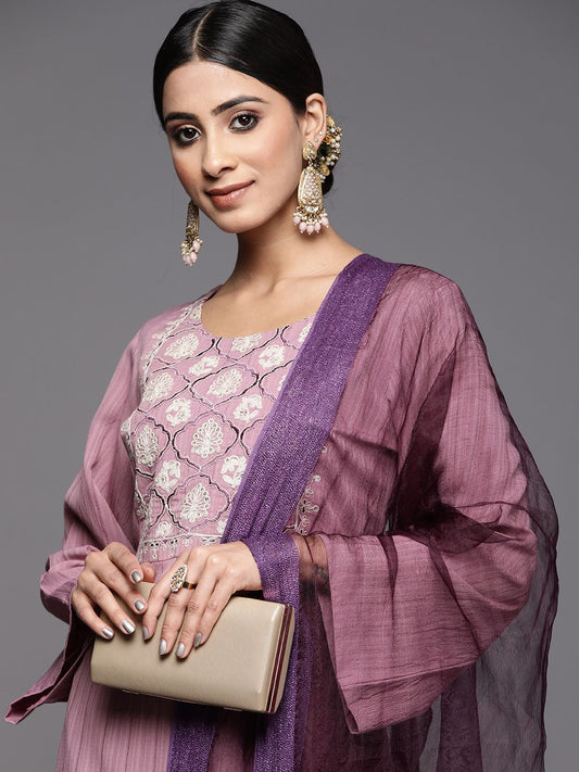 Dhiyona VA Women's Mauve Ethnic Motifs Yoke Design Kurta with Trousers & With Dupatta