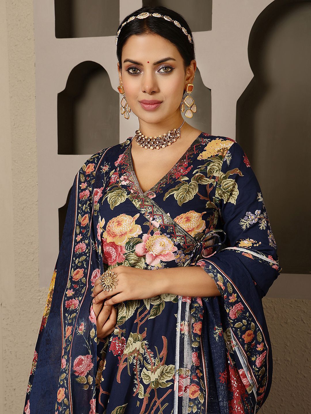 Dhiyona SN Women's Floral Printed Pure Cotton Anarkali Kurta with Palazzo & Dupatta