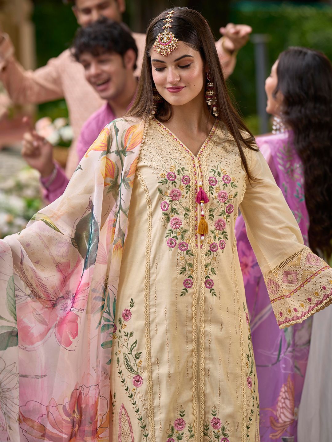 Women Ethnic Motifs Embroidered Panelled Thread Work Kurta with Trousers & With Dupatta