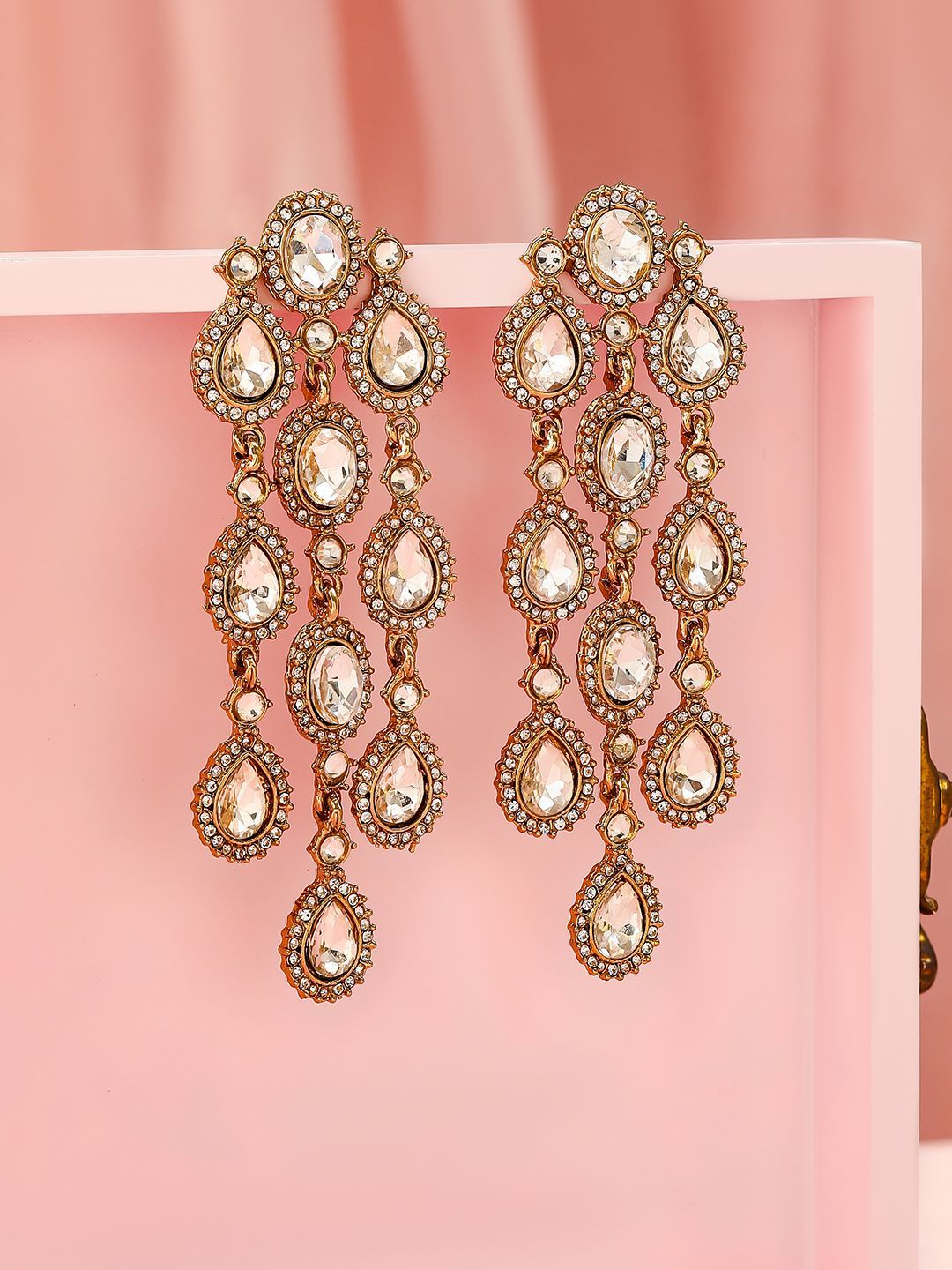 Dhiyona RJ Women's 22K Gold Plated White Cubic Zirconia Studded Cascading Chandelier Earrings