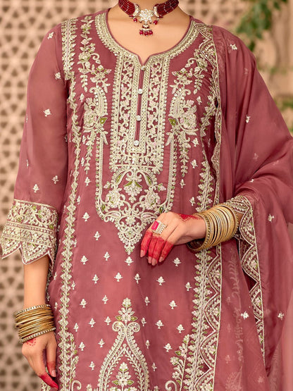 Floral Embroidered Notch Neck Zari Organza Kurta With Trousers And Dupatta