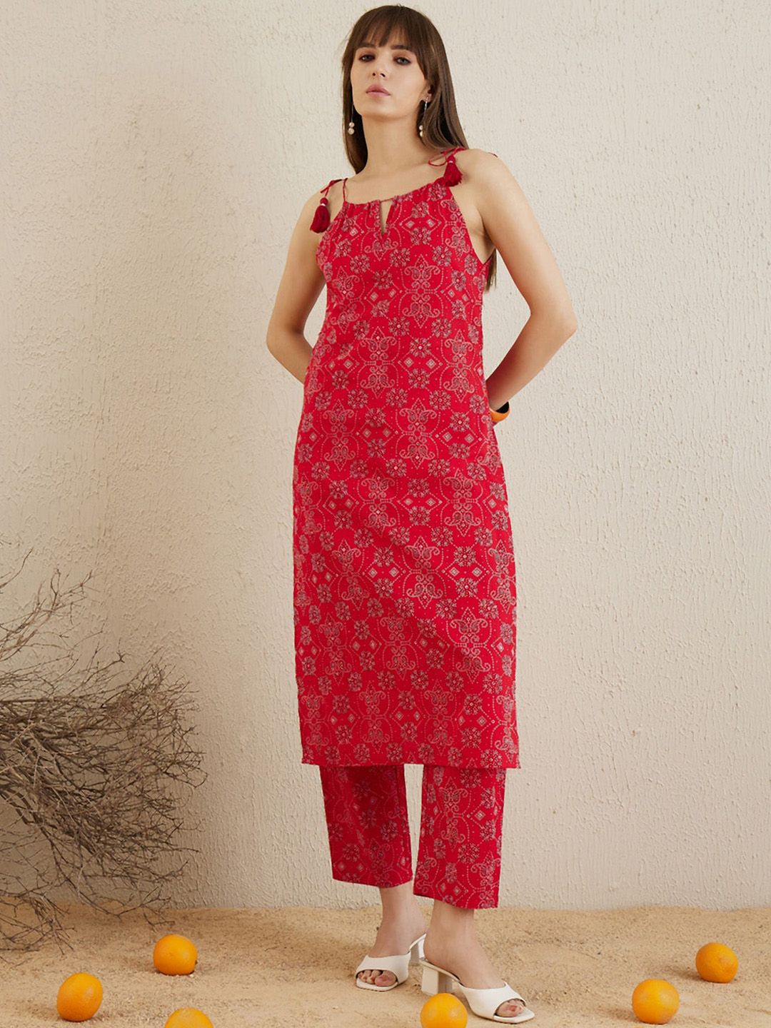 Dhiyona IE Bandhani Printed Shoulder Straps Pure Cotton Kurta with Trousers