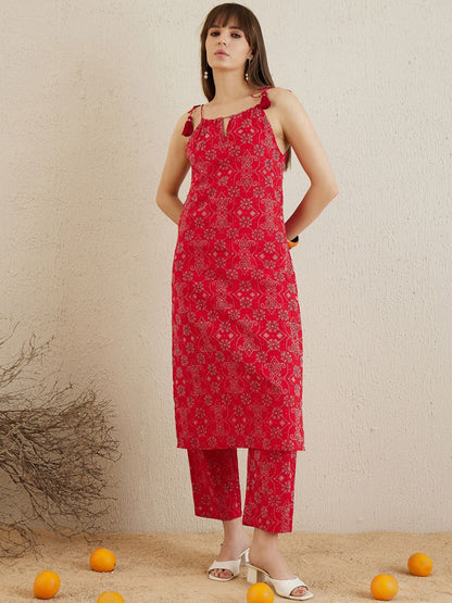 Dhiyona IE Bandhani Printed Shoulder Straps Pure Cotton Kurta with Trousers