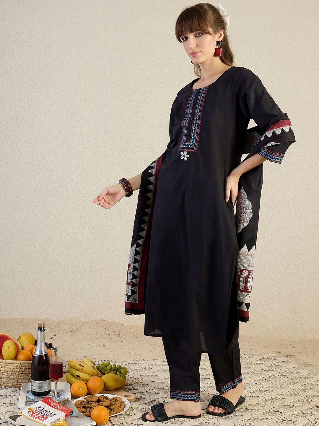 Women Yoke Design Embroidered Cotton Kurta with Trousers & Dupatta