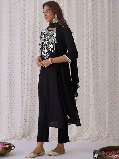 Ethnic Embroidered Round Neck Straight Kurta with Trousers & Dupatta
