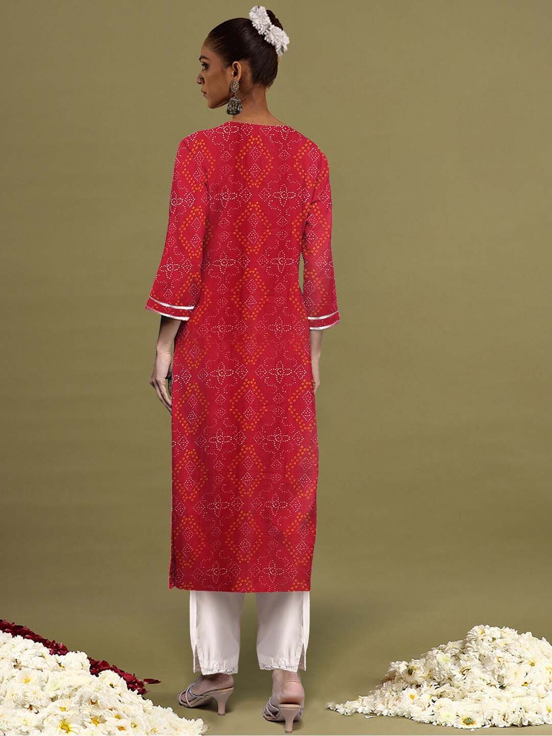 Dhiyona IE Women Floral Printed Notched Neck Thread Work Straight Cotton Kurta