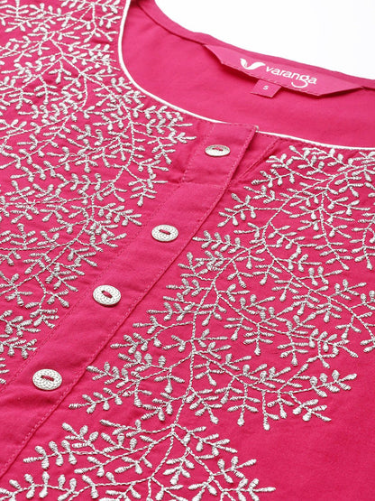 Dhiyona VA Women's Fuchsia Pink Ethnic Motifs Pure Cotton Kurta with Palazzos & With Dupatta