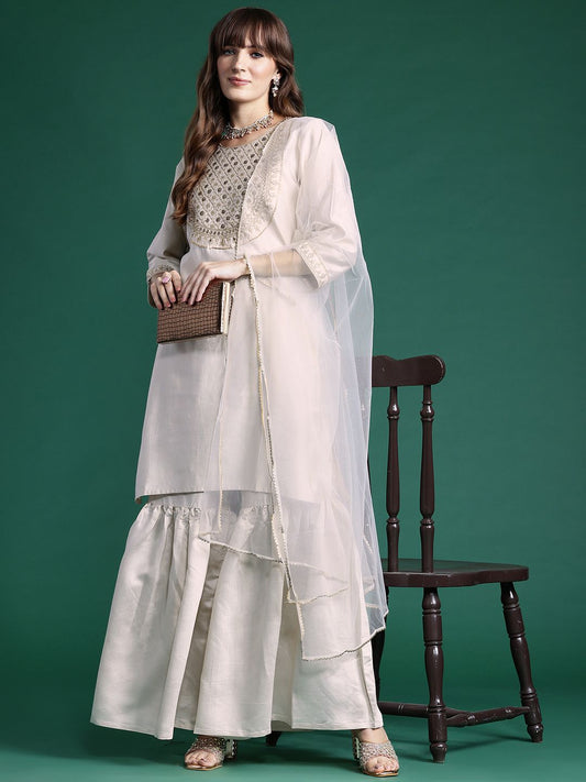 Dhiyona IE Ethnic Motifs Embroidered Gotta Patti Liva Kurta With Sharara & Dupatta