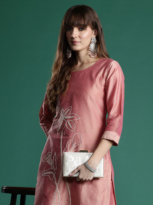 Dhiyona IE Floral Embroidered Thread Work Kurta with Trousers