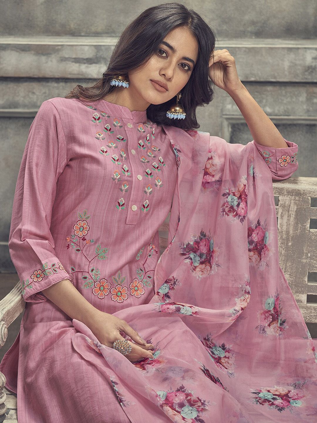 Pink Floral Embroidered Kurta & Trousers With Dupatta