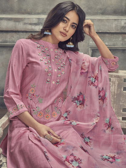 Pink Floral Embroidered Kurta & Trousers With Dupatta