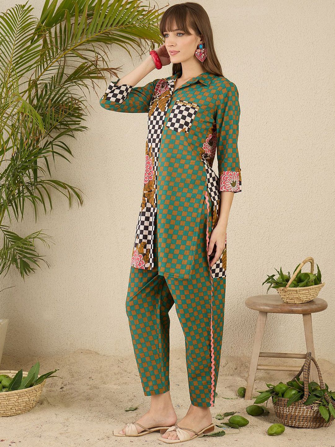 Women Checked Regular Pure Cotton Kurta with Trousers