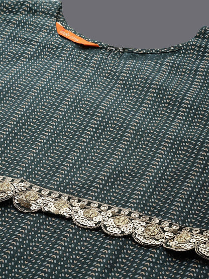 Dhiyona IE Green Abstract Printed Round Neck Straight Kurta with Trousers
