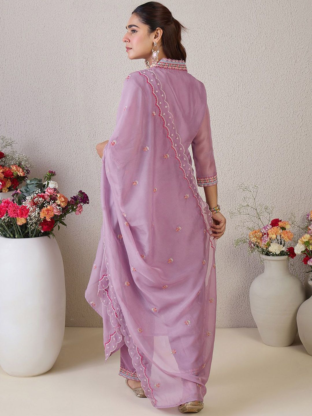 Floral Embroidered V Neck Organza Kurta With Trousers & Dupatta