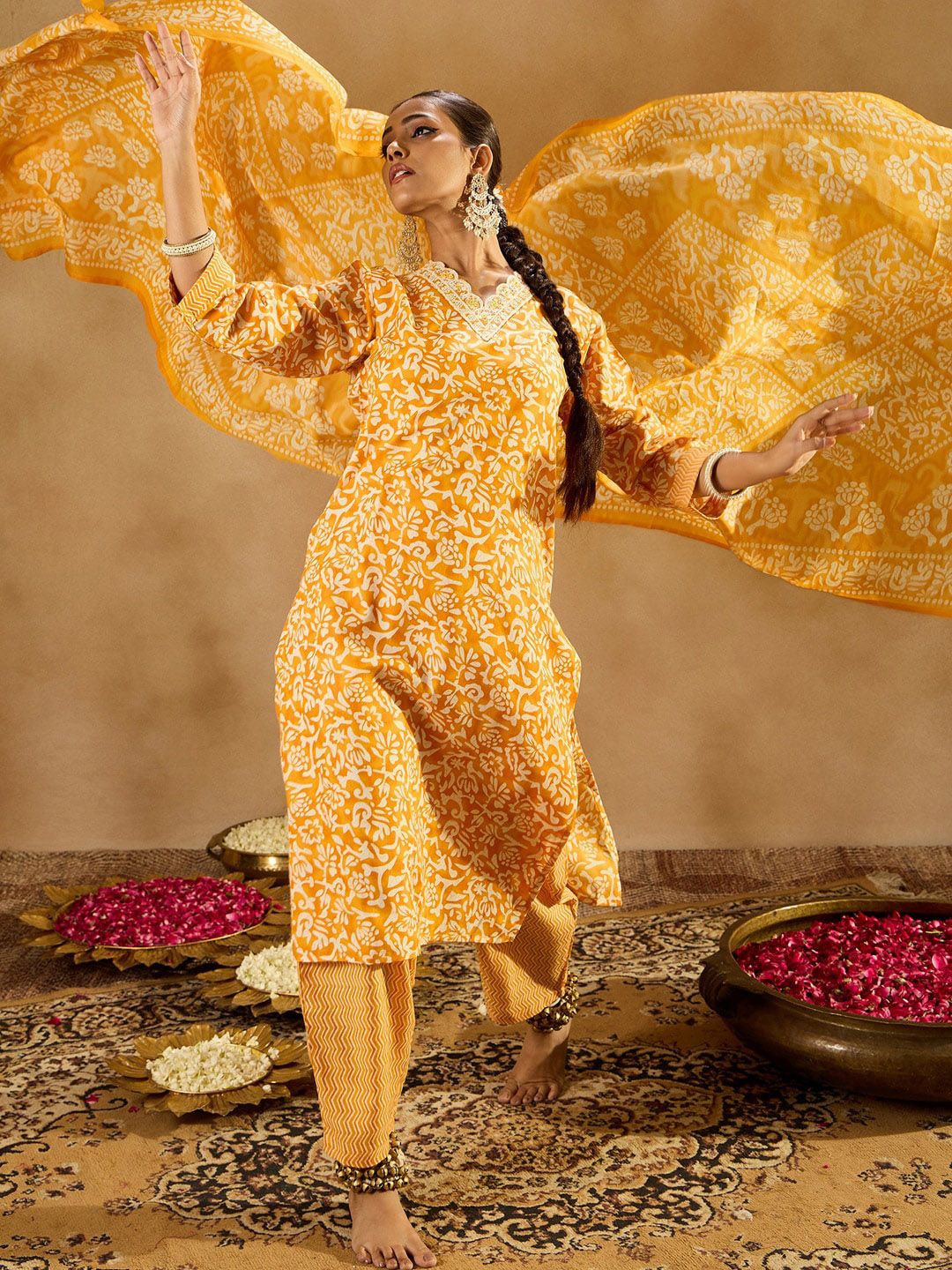 Dhiyona IE Mustard Floral Printed V-Neck Thread Work Straight Kurta With Trousers & Dupatta
