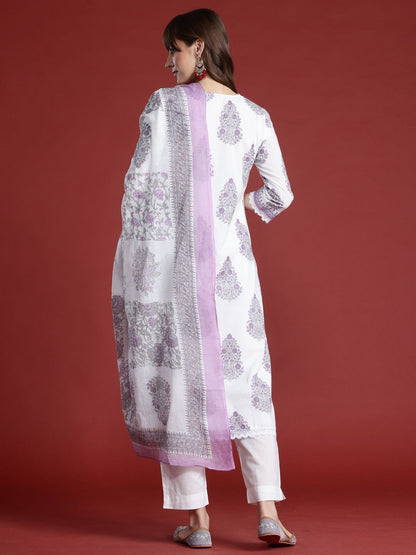 Dhiyona IE Floral Printed Sequinned Pure Cotton Kurta with Trousers & Dupatta