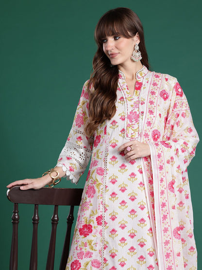 Floral Embroidered Pure Cotton Kurta with Trousers & Dupatta