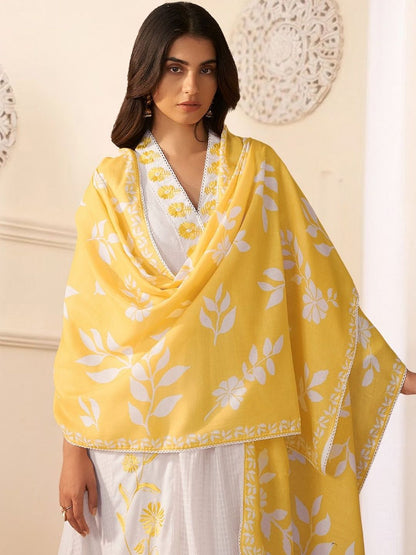 Women Floral Embroidered Regular Thread Work Pure Cotton Kurta with Trousers & With Dupatta