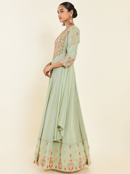 Dhiyona SO Women's Floral Embroidered Mirror Work Anarkali With Churidar & Dupatta