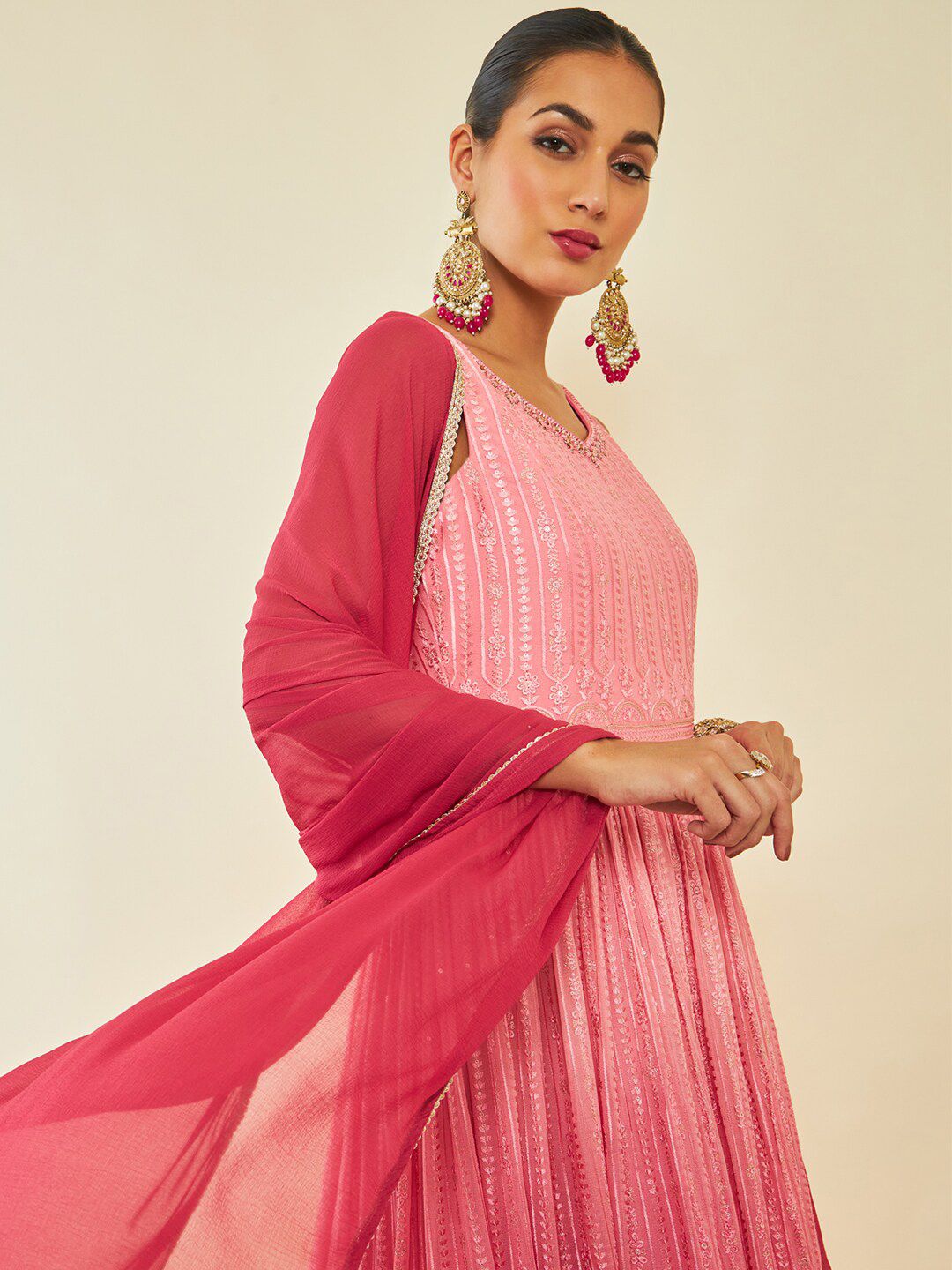 Dhiyona SO Women's Floral Embroidered Sequinned Anarkali Kurta With Trousers & Dupatta