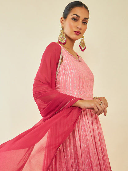 Dhiyona SO Women's Floral Embroidered Sequinned Anarkali Kurta With Trousers & Dupatta