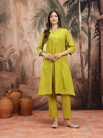 Dhiyona SN Women's Schiffli Embroidered Panelled Pure Cotton Kurta with Trousers