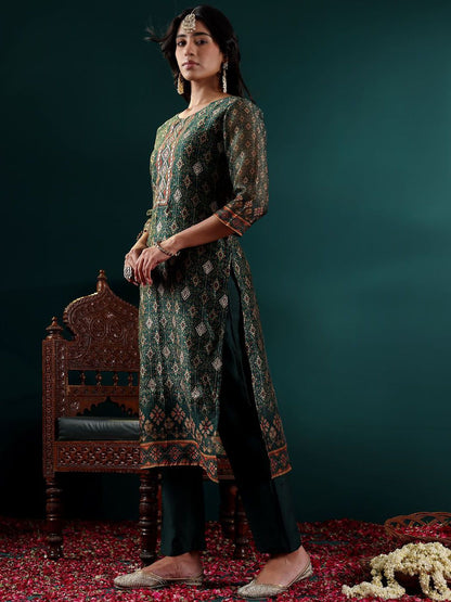 Dhiyona VA Women's Ethnic Motifs Embroidered Regular Chanderi Silk Kurta with Trousers & With Dupatta