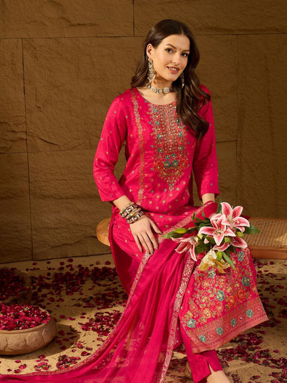 Dhiyona PD Women Floral Woven Design Kurta With Trouser And Dupatta Set