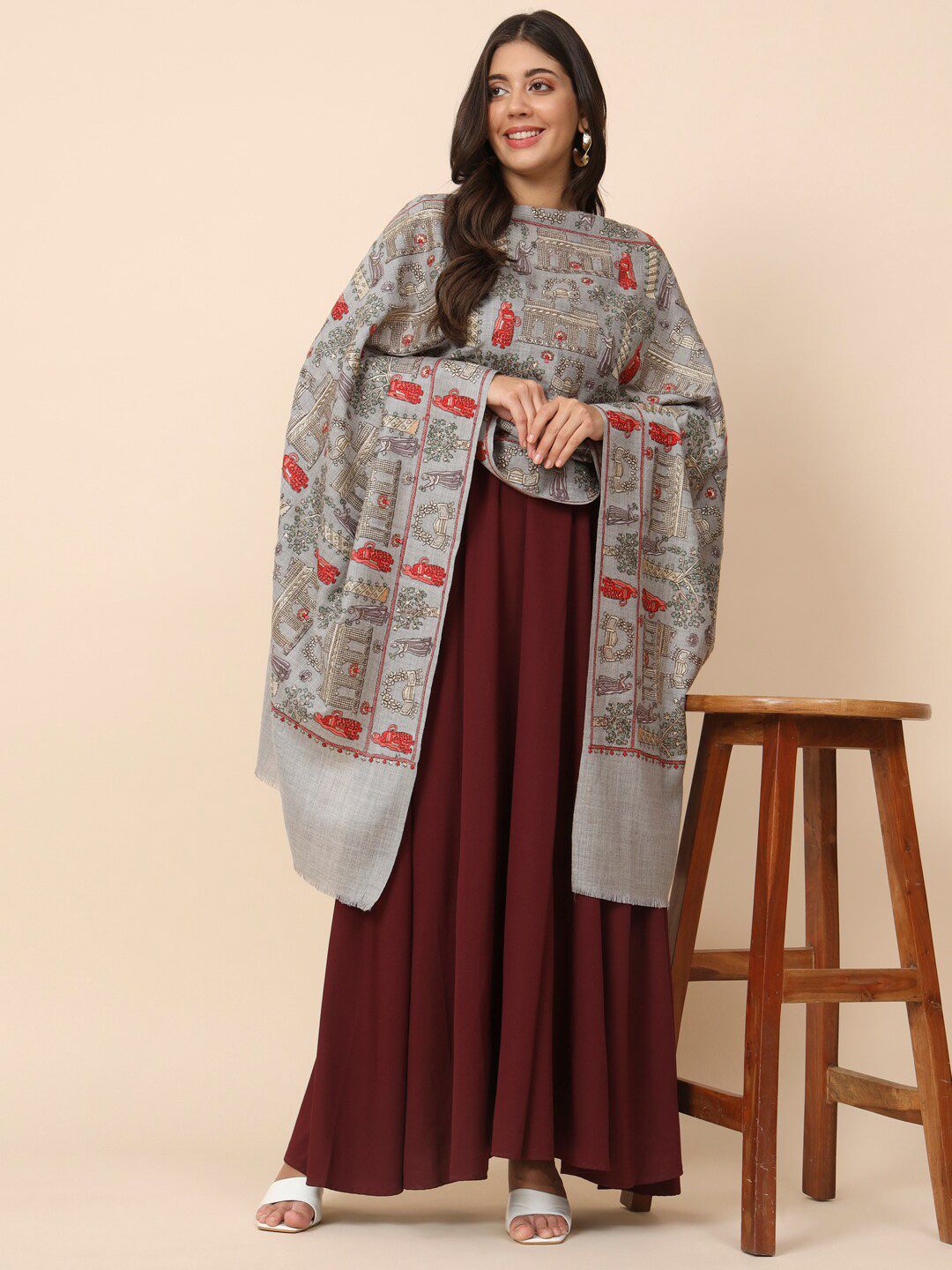Dhiyona PA Ethnic Motifs Embroidered Woolen Shawl