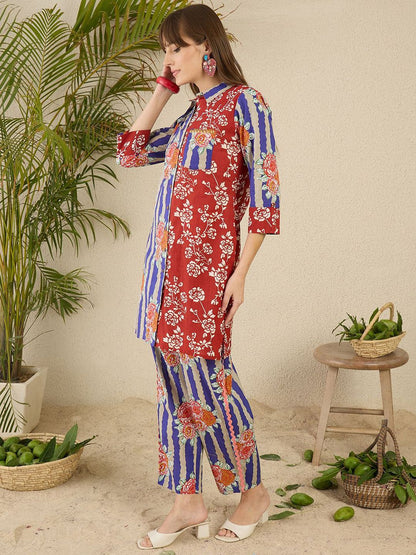 Dhiyona IE Floral Printed Shirt Collar Pure Cotton Straight Kurti & Trousers