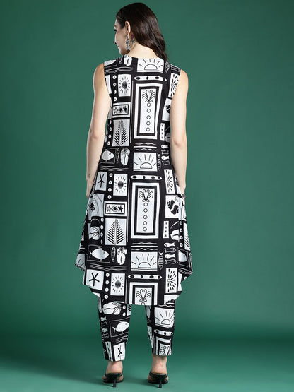 Geometric Printed Pleated Pure Cotton Kurta with Trousers