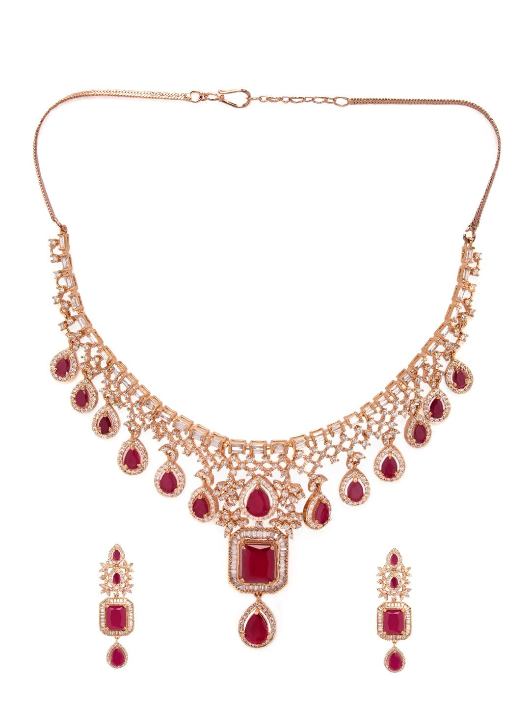 Dhiyona RJ Women's 24K Rose Gold Plated Pink Sapphire & CZ Studded Handcrafted Premium Jewellery Set