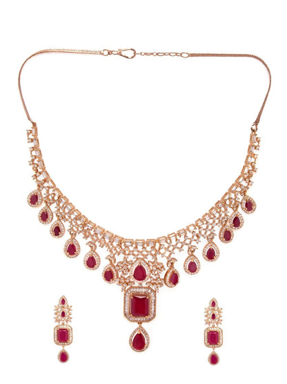 Dhiyona RJ Women's 24K Rose Gold Plated Pink Sapphire & CZ Studded Handcrafted Premium Jewellery Set