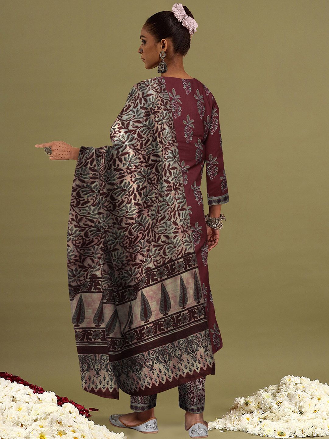 Floral Printed V-Neck Pure Cotton Straight Kurta with Salwar & Dupatta