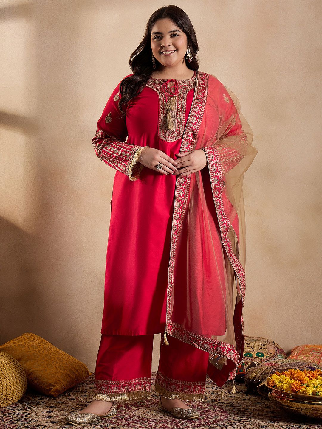 Dhiyona IN Tie-Up Neck Ethnic Motifs Embroidered Straight Kurta with Trouser & Dupatta